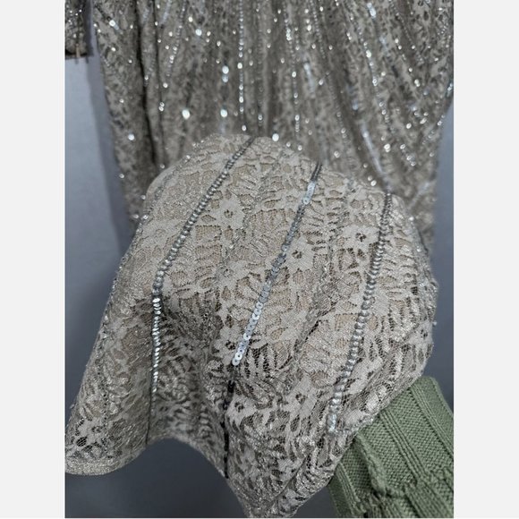 NWT $538 Mac Duggal [ 8 ] Beaded Lace Long‎ Sleeve Midi Dress Taupe - Picture 6 of 16